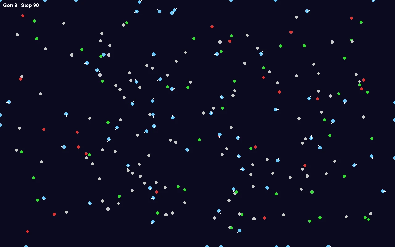 neuronet-arena simulation at generation 9 — agents, food and hazard nodes in the arena